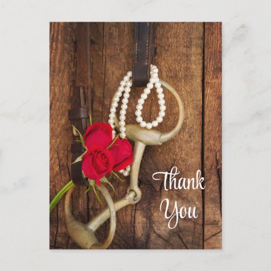 赤いバラと馬ビットカントリー結婚式ありがとう ポストカード (正面)