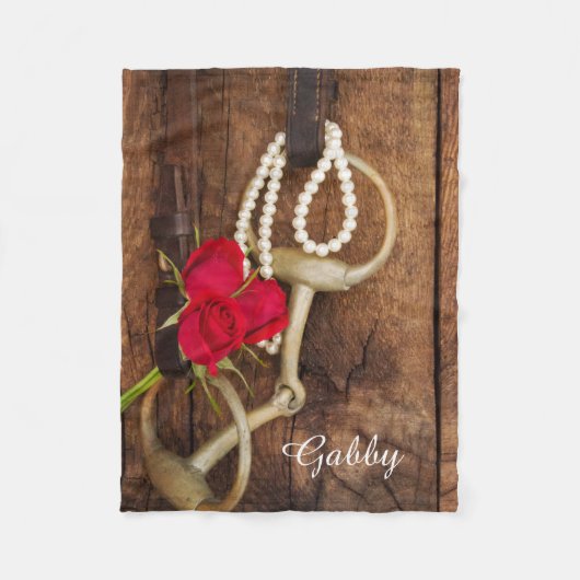 赤いバラと馬ビットカントリー西部 フリースブランケット (正面)