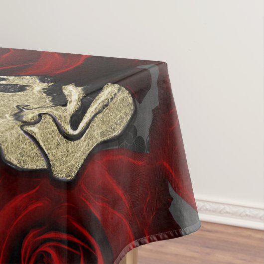 赤いバラと骸骨 グレー ブラック フラワー ゴシック テーブルクロス (インサイチュ)