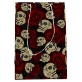 赤いバラと骸骨 グレー ブラック フラワー ゴシック ミディアムペーパーバッグ (正面)