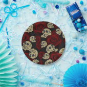 赤いバラと骸骨 グレー ブラック フローラル ゴシック ペーパープレート (パーティー)