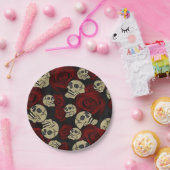 赤いバラと骸骨 グレー ブラック フローラル ゴシック ペーパープレート (パーティー)