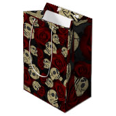 赤いバラと骸骨 グレー ブラック フローラル ゴシック ミディアムペーパーバッグ (正面アングル)