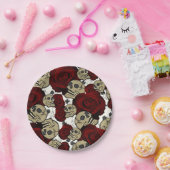 赤いバラと髑髏 黒 花 ゴシック 白 ペーパープレート (パーティー)