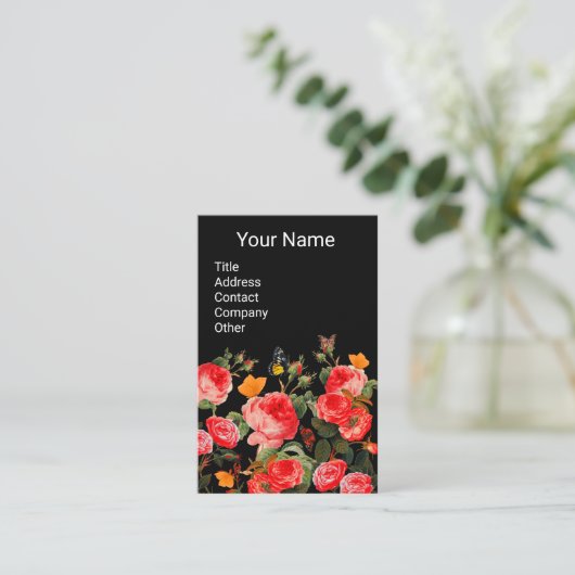 赤いバラと黄色の蝶ブラックフローラ 名刺 (スタンド正面)