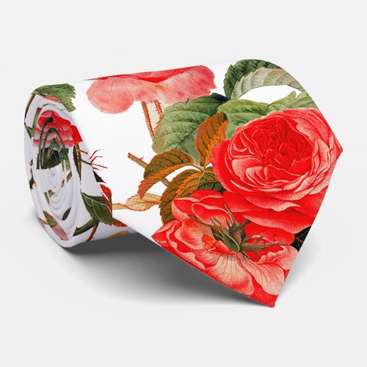 赤いバラと黄色の蝶ホワイトフローラ ネクタイ (ロール)