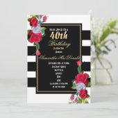 赤いバラと黒のストライプ 40歳の誕生日 招待状 (スタンド正面)