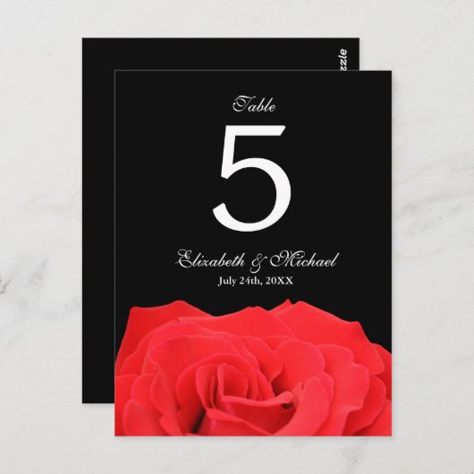 赤いバラと黒の結婚式テーブルナンバー ポストカード (正面/裏面)