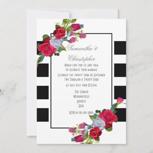 赤いバラと黒ストライプい結婚 招待状 (正面)