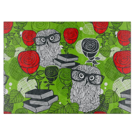 赤いバラにフクロウ カッティングボード (正面)