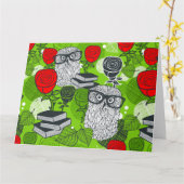 赤いバラにフクロウ カード (黄色い花)