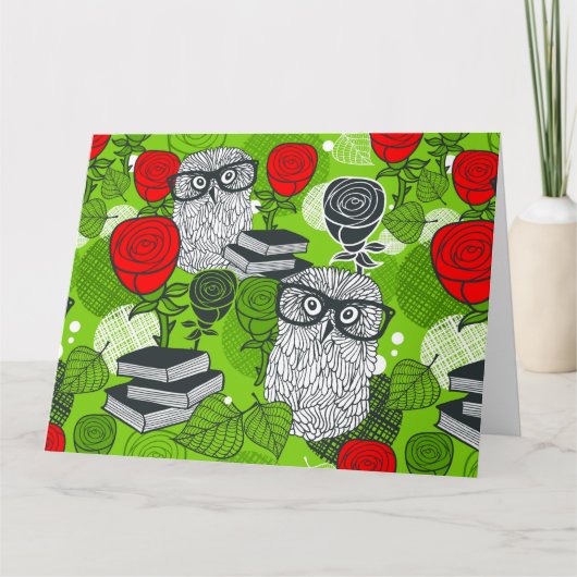 赤いバラにフクロウ カード (正面)