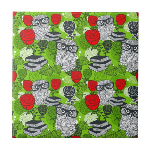 赤いバラにフクロウ タイル (正面)