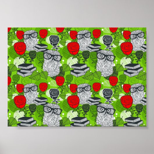 赤いバラにフクロウ ポスター (正面)