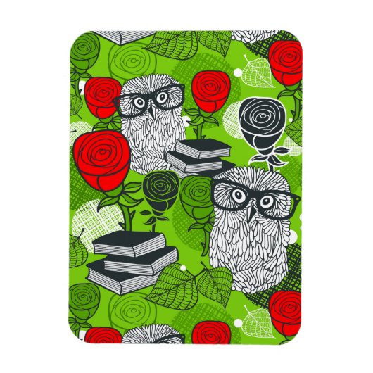 赤いバラにフクロウ マグネット (縦)