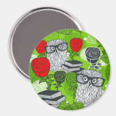 赤いバラにフクロウ マグネット (正面/裏面)