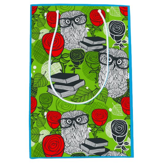 赤いバラにフクロウ ミディアムペーパーバッグ (正面)