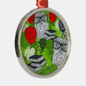 赤いバラにフクロウ メタルオーナメント (右)