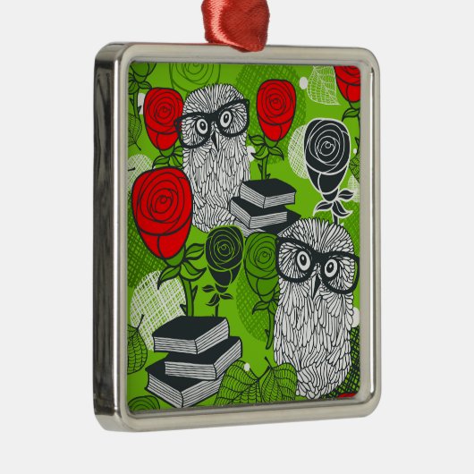 赤いバラにフクロウ メタルオーナメント (右)