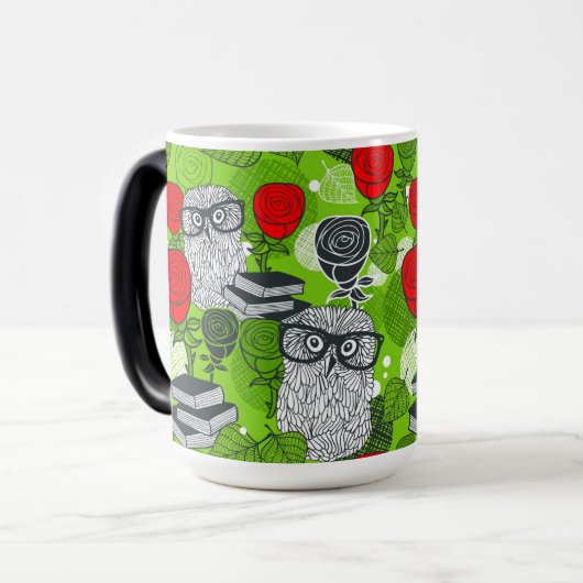赤いバラにフクロウ モーフィングマグカップ (正面左)