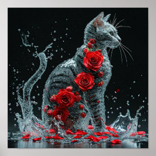 🌹 赤いバラに囲まれた水の猫 ファンタジーロマンティック ポスター