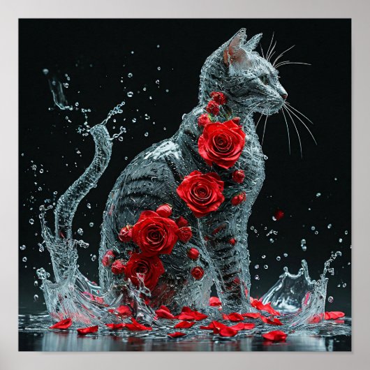 🌹 赤いバラに囲まれた水の猫 ファンタジーロマンティック ポスター (正面)