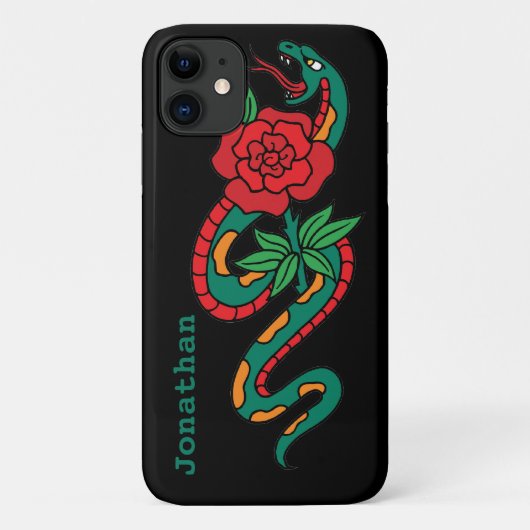 赤いバラに巻きついたヘビ、タトゥーアート Case-Mate iPhoneケース (裏面)