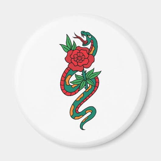 赤いバラに巻きついた蛇のタトゥーアート マグネット (正面)