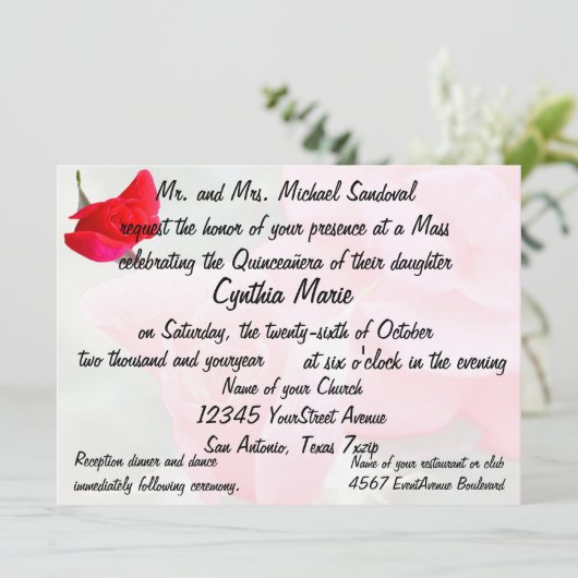 赤いバラのキンセアニェラのかわいらしい誕生日 招待状 (スタンド正面)