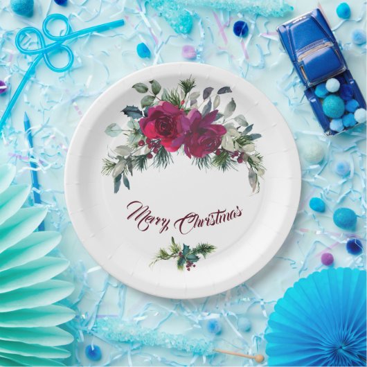 赤いバラのクリスマスブーケ ペーパープレート (パーティー)