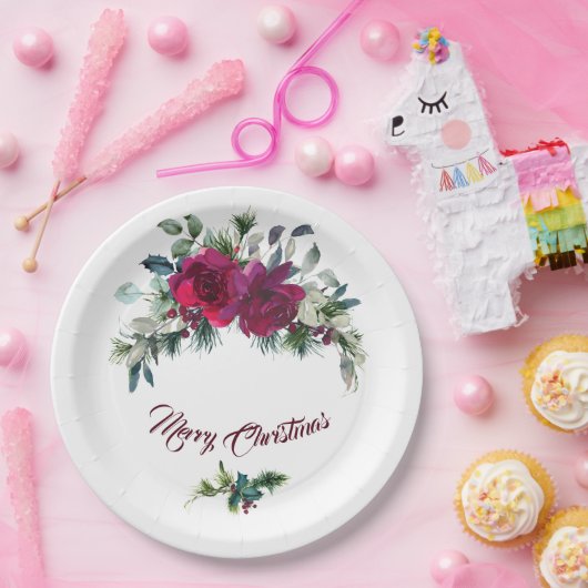 赤いバラのクリスマスブーケ ペーパープレート (パーティー)