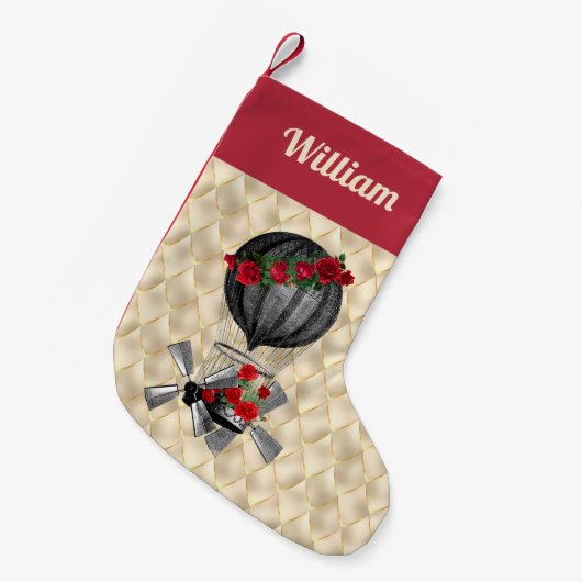 赤いバラのクリスマス付きスチームパンク飛行船 スモールクリスマスストッキング (正面 (吊り時))