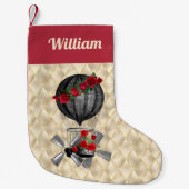 赤いバラのクリスマス付きスチームパンク飛行船 スモールクリスマスストッキング (正面)