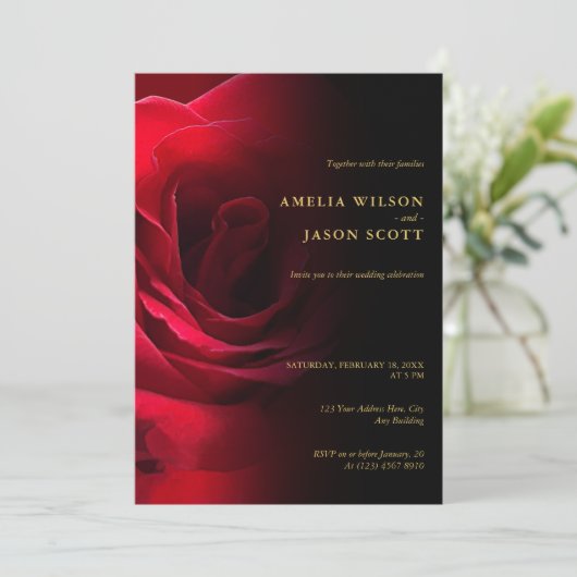 赤いバラのグラデーション黒(写真結婚付) 招待状 (スタンド正面)