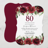 赤いバラのグリッター フラワーの80歳の誕生日パーティー 招待状 (正面/裏面)