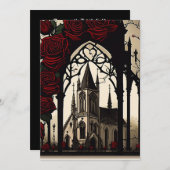 赤いバラのゴシック様式の黒い結婚教会 招待状 (正面/裏面)
