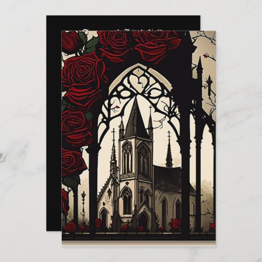 赤いバラのゴシック様式の黒い結婚教会 招待状 (正面/裏面)