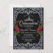 赤いバラのゴシック黒ストライプのケンセイェーラ 招待状 (正面)