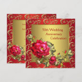 赤いバラのゴールド50周年結婚記念日 招待状 (正面/裏面)