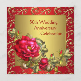 赤いバラのゴールド50周年結婚記念日 招待状
