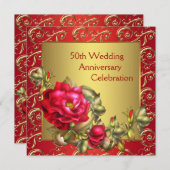 赤いバラのゴールド 50周年 結婚記念日 招待状 (正面/裏面)