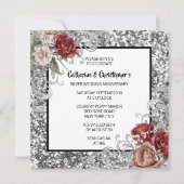 赤いバラのシルバーグリッター シャイニー ヴィンテージバラ モダン 招待状 (正面)