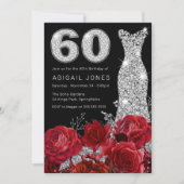赤いバラのシルバーダイヤモンドドレス 60歳の誕生日 招待状 (正面)