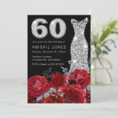 赤いバラのシルバーダイヤモンドドレス 60歳の誕生日 招待状 (スタンド正面)