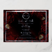 赤いバラのスカルダーク結婚フローラのフォトシルバー 箔招待状 (正面)
