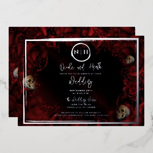 赤いバラのスカルダーク結婚フローラのフォトシルバー 箔招待状 (正面/裏面)