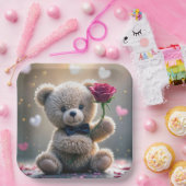 赤いバラのテディベア ペーパープレート (パーティー)