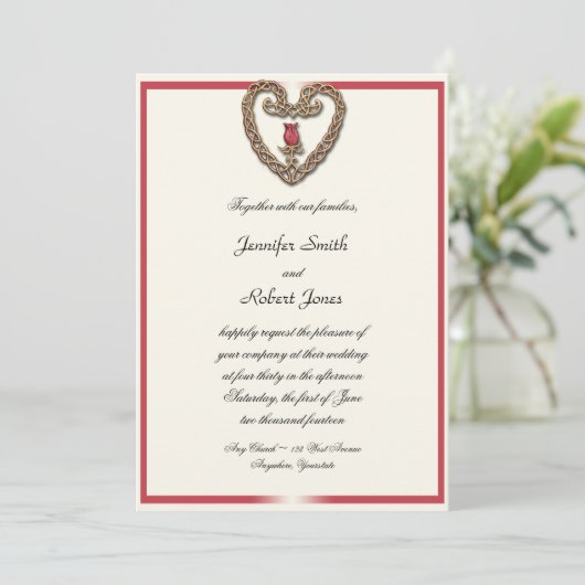 赤いバラのハートのケルト結婚式招待状 招待状 (スタンド正面)