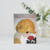 赤いバラのバレンタインデーを持つ女性 シーズンポストカード (スタンド正面)