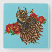 赤いバラのフクロムブルー スクエア壁時計 (正面)